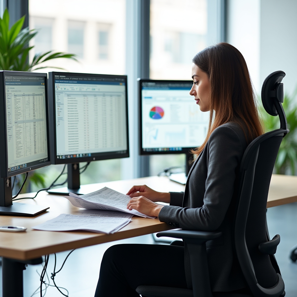 Workstation per elaborazione dati paghe con monitor e documenti