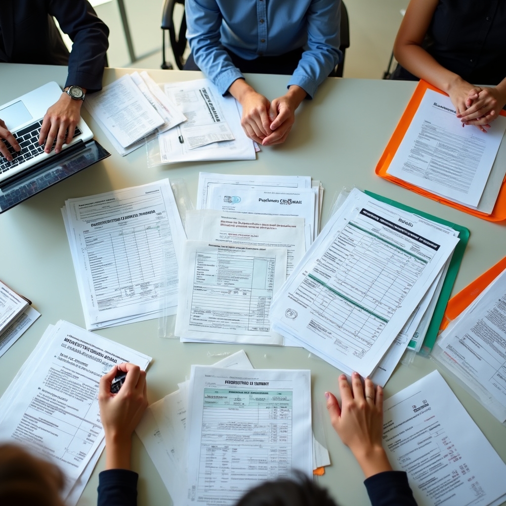 Preparazione documenti fiscali fine anno CU su scrivania con documenti stampati